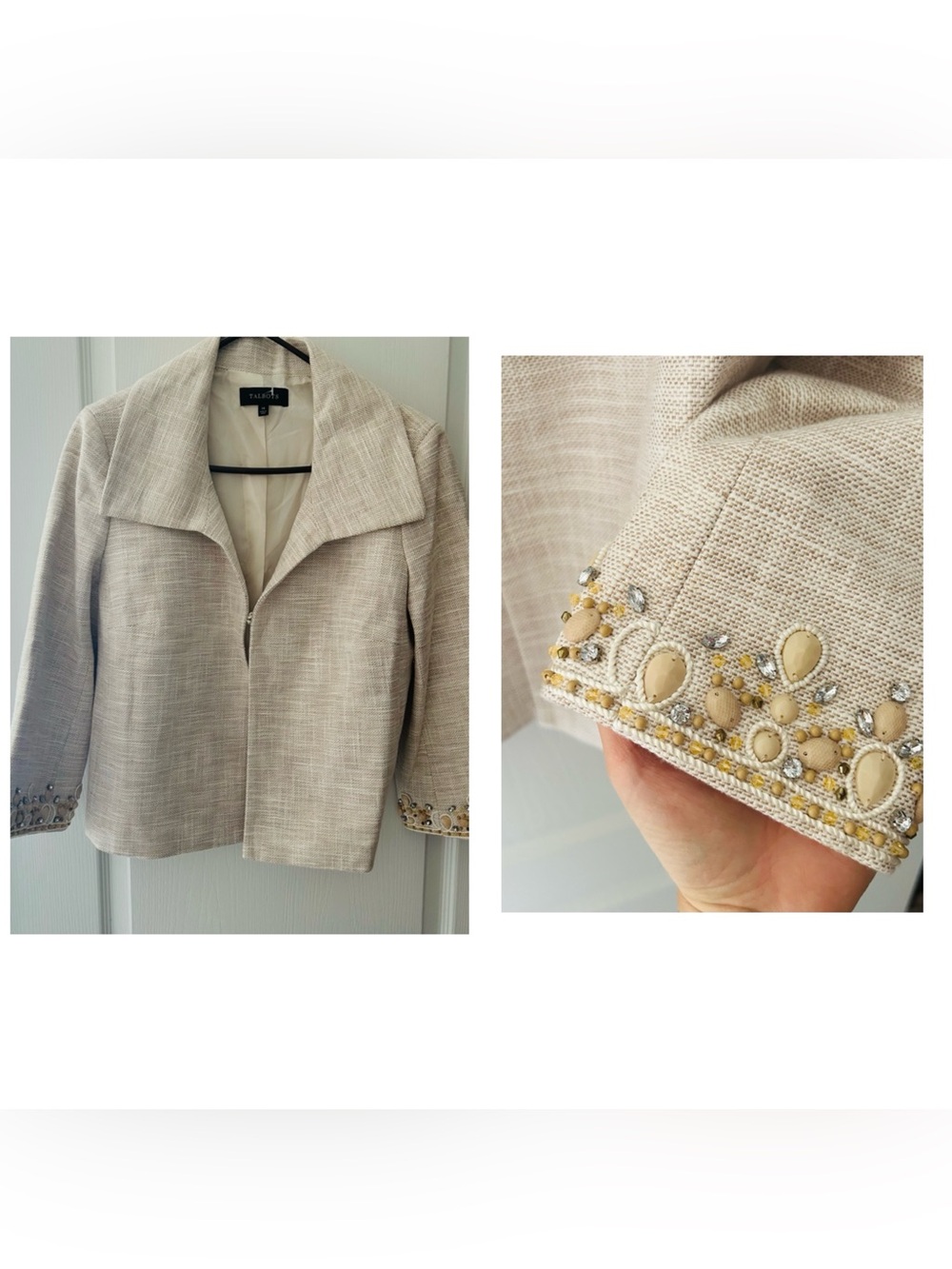 Talbots Cream Textured Open Collar Embellished Cuff Jacket